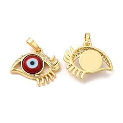 FireBrick Rack Plating Brass Micro Pave Clear Cubic Zirconia Pendants, with Handmade Evil Eye Lampwork, Cadmium Free & Lead Free, Long-Lasting Real 18K Gold Plated, Eye Charm, FireBrick, 17x19.5x5mm, Hole: 6x3mm