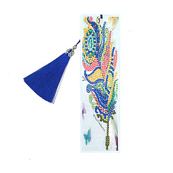 Feather DIY Diamond Painting Kits For Bookmark Making, including Tassel, Resin Rhinestones, Diamond Sticky Pen, Tray Plate and Glue Clay, Rectangle, Feather Pattern, 210x60mm