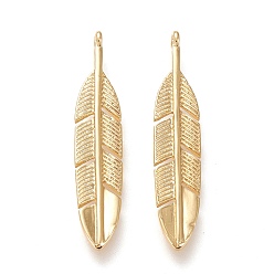 Real 18K Gold Plated Brass Pendants, Long-Lasting Plated, Feather, Real 18K Gold Plated, 33x6.5x1.5mm, Hole: 1.4mm