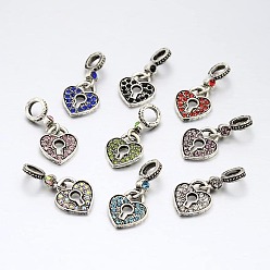 Mixed Color Large Hole Heart Lock Alloy Rhinestone European Dangle Charms, Antique Silver, Mixed Color, 25mm, Hole: 5mm