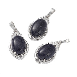 Blue Goldstone Synthetic Blue Goldstone Pendants, Teardrop Charms, with Platinum Tone Brass Crystal Rhinestone Findings, 30.5x18x9.5mm, Hole: 4.8x7.5mm
