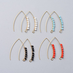 Mixed Color 304 Stainless Steel Earring Hooks, with Faceted Rondelle Glass Beads and Horizontal Loop, Golden, Mixed Color, 40x28x3mm, Hole: 3x2mm, 20 Gauge, Pin: 0.8mm