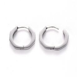 Stainless Steel Color 304 Stainless Steel Huggie Hoop Earrings, Octagon, Stainless Steel Color, 16x17x3mm, Pin: 1mm