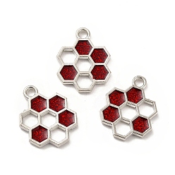 Red Alloy Enamel Pendants, Honeycomb Charm, Platinum, Red, 19x15x1.5mm, Hole: 2mm