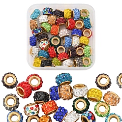 Mixed Color 40Pcs Polymer Clay Rhinestone European Beads, with Golden Tone Brass Double Cores, Large Hole Beads, Rondelle, Mixed Color, 11x7mm, Hole: 4.5mm