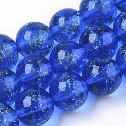 Bleu Brins de perles au chalumeau de sable d'or faites à la main, lumineux, ronde, bleu, 11.5~12.5x11~12mm, Trou: 1mm, Environ 45 pcs/chapelet, 19.69 pouce