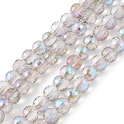 Lilac Transparent Electroplate Glass Beads Strands, Faceted(96 Facets), Round, Half Rainbow Plated, Lilac, 7.5~8x7mm, Hole: 1.2mm, about 70~72pcs/strand, 20.08~20.47 inch(51~52cm)