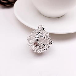 Silver Brass Hollow Round with Tree of Life Cage Pendants, For Chime Ball Pendant Necklaces Making, Silver, 24x21mm