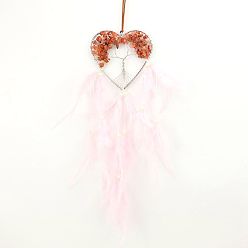 Carnelian Heart with Tree of Life Natural Carnelian Chip Wind Chimes Pendant Decorations, with Feather, for Home Bedroom Hanging Decorations, 500mm