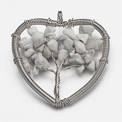 Howlite Natural Howlite Bead Brass Wire Wrapped Heart Big Pendants, Tree of Life, Cadmium Free & Nickel Free & Lead Free, Platinum, 45~50x48~52x6~9mm, Hole: 4~6mm