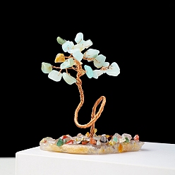 Aquamarine Natural Gemstone Chips and Natural Aquamarine Pedestal Display Decorations, with Rose Gold Plated Brass Wires, Lucky Tree, 60~131mm