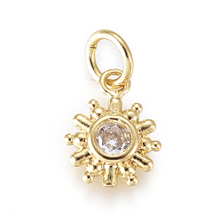 Golden Brass Micro Pave Cubic Zirconia Charms, with Jump Rings, Sun, Clear, Golden, 10x7.5x2.8mm, Jump Rings: 2.5mm