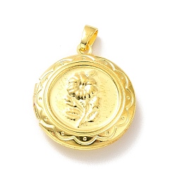 Golden Rack Plating Brass Locket Pendants, Flat Round with Flower, Golden, 23x20x5mm, Hole: 5x3mm, Inner Diameter: 14mm