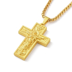 Golden Alloy Pendant Necklace with Box Chains, Cross with Jesus Pattern, Golden, 23.74 inch(60.3cm)