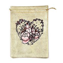 Heart Rectangle Polyester Bags with Nylon Cord, Drawstring Pouches, for Gift Wrapping, Gold, Heart, 177~182x127~135x1mm