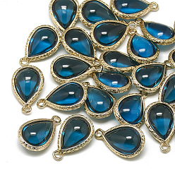 Dodger Blue Glass Pendants, with Golden Tone Brass Findings, teardrop, Dodger Blue, 18.5x12.5x7mm, Hole: 1.5mm