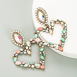 Péridot Longues boucles d'oreilles pendantes en forme de cœur avec strass, bijoux en alliage pour femmes, péridot, 80x55mm