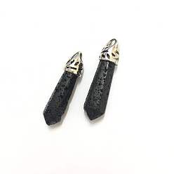 Lava Rock Bullet Lava Rock Pointed Pendants, with Platinum Tone Alloy Findings, 33~40x8~10mm, Hole: 3x2mm