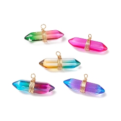 Mixed Color Glass Pendants, Wire Wrapped Pendants, with Brass Findings, Bullet, Light Gold, Mixed Color, 16x33x10mm, Hole: 2mm