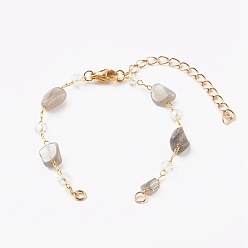 Labradorite Pépites de labradorite naturelle fabrication de bracelets de perles, avec des chaînes en laiton et des pinces à homard en acier inoxydable 304, or, 6-1/8 pouce (15.5 cm)
