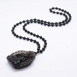 Obsidian Natural Golden Sheen Obsidian Beaded Pendant Necklaces, with Natural Obsidian Pendants, Buddha, 24 inch(61cm)