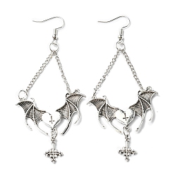 Antique Silver Alloy Bat Wing with Cross Dangle Earrings for Halloween, Antique Silver, 93x39.5mm