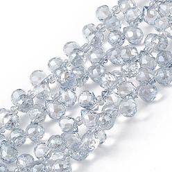 Light Steel Blue Transparent Electroplate Glass Beads Strands, Faceted, Top Drilled Teardrop, Pearl Luster Plated, Light Steel Blue, 8x6~6.5mm, Hole: 0.8mm, about 98~100pcs/strand, 18.90~26.77 inch(48~68cm)