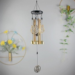 Owl Wood Hanging Wind Chime Decor, with Golden Iron Column Pendants, for Home Hanging Ornaments, Owl, 640x95mm