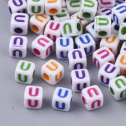 Letter U White Opaque Acrylic Beads, Horizontal Hole, Cube with Mixed Color Letter, Letter.U, 5x5x5mm, Hole: 2mm, about 5000pcs/500g