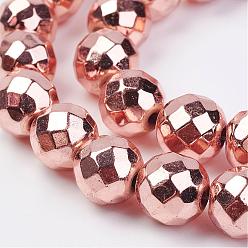 Гальванический Розовый Золотой Немагнитные нити шарик синтетический гематит, граненые, круглые, покрытием из розового золота, 10 мм, отверстие : 1.5 мм, около 43 шт / нитка, 15.7 дюйм