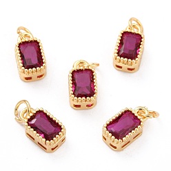 Hot Pink Real 18K Gold Plated Brass Inlaid Cubic Zirconia Charms, with Jump Ring, Long-Lasting Plated, Rectangle, Hot Pink, 9.5x5x3.5mm, Jump Ring: 4x0.5mm, 2.5mm Inner Diameter