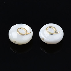 Letter Q Natural Freshwater Shell Beads, with Golden Plated Brass Etched Metal Embellishments, Flat Round with Letter, Seashell Color, Letter.Q, 6x4mm, Hole: 0.8mm