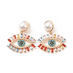 Colorido Aretes colgantes con forma de ojo de diamantes de imitación con cuentas de perlas acrílicas, pendientes largos de aleación chapados en oro claro para mujer, colorido, 50.5 mm, pin: 0.7 mm