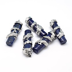 Lapis Lazuli Column with Dragon Platinum Plated Brass Dyed Natural Lapis Lazuli Pendants, Cadmium Free & Lead Free, 40~42x13mm, Hole: 5x8mm
