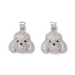 Clear Brass Micro Pave Cubic Zirconia Pendants, Real Platinum Plated, Dog Charms, Clear, 18.5x17x6mm, Hole: 5x3.5mm