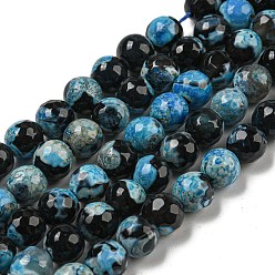Deep Sky Blue Faceted Round Dyed Natural Fire Crackle Agate Beads Strands, Deep Sky Blue, 8mm, Hole: 1mm, about 47~49pcs/strand, 14 inch~15 inch