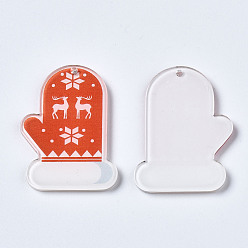 Orange Red Transparent Printed Acrylic Pendants, Christmas, Glove with Christmas Reindeer , Orange Red, 34.5x24.5x2.5mm, Hole: 1.5mm