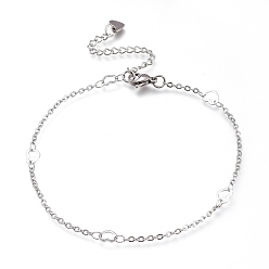 Stainless Steel Color 304 Stainless Steel Cable Chain Anklets, with Heart Links and Lobster Claw Clasps, Stainless Steel Color, 9-1/4 inch(23.5cm)