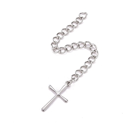Stainless Steel Color 304 Stainless Steel Chain Extender, Curb Chain, with 202 Stainless Steel Charms, Cross, Stainless Steel Color, 68~70mm, Link: 3.7x3x0.5mm, Cross: 16x9.5x0.6mm