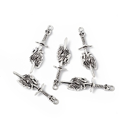 Antique Silver Tibetan Style Alloy Pendants, Skull Sword with Heart Charm, Antique Silver, 49x18.5x7mm, Hole: 2.2mm