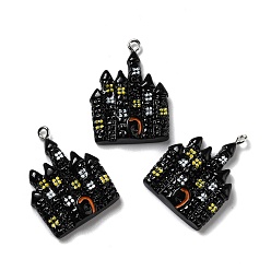 Black Halloween Opaque Resin Pendants, with Platinum Tone Iron Loops, Castle, Black, 31x23x5.5mm, Hole: 2mm