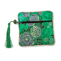 Green Chinese Brocade Tassel Zipper Jewelry Bag Gift Pouch, Square with Flower Pattern, Green, 11.5~11.8x11.5~11.8x0.4~0.5cm