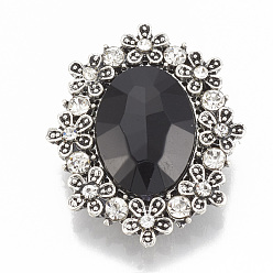 Black Alloy Rhinestone Flat Back Cabochons, with Acrylic Rhinestone, Faceted, Oval, Antique Silver, Black, 30x25x6.5mm