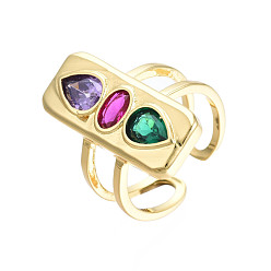 Разноцветный Прямоугольное открытое кольцо-манжета из кубического циркония, широкое женское кольцо из латуни с покрытием из настоящего золота 18k с двойной линией, без никеля , красочный, размер США 7 1/4 (17.5 мм)