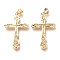 Real 18K Gold Plated Brass Micro Pave Clear Cubic Zirconia Pendants, Cross, Real 18K Gold Plated, 36x22x3mm, Hole: 3mm