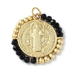 Black Rack Plating Real 18K Gold Plated Brass Saint Benedict Pendants, with Glass Beaded, Cadmium Free & Lead Free, Long-Lasting Plated, Black, 25.5x3mm, Hole: 4.3mm