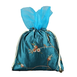 Turquesa Oscura Bolsas de flores con bordado de seda, bolsa con cordón, Rectángulo, turquesa oscuro, 25x16 cm