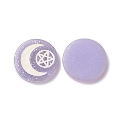 Lilac Resin Cabochons, with Glitter Powder, Flat Round with Moon & Pentagram Pattern, Lilac, 29x5.5mm