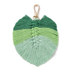 Coconut Brown Handmade Braided Macrame Cotton Thread Leaf Pendant Decorations, with Brass Clasp, Coconut Brown, 13.5cm