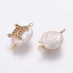Gémeaux Connecteurs de liens de perles naturelles, avec accessoires zircon cubique micro pave en laiton, plat rond avec constellation, or, bleu marine, gemini, 20~26x9~17x5~11mm, Trou: 1.6mm